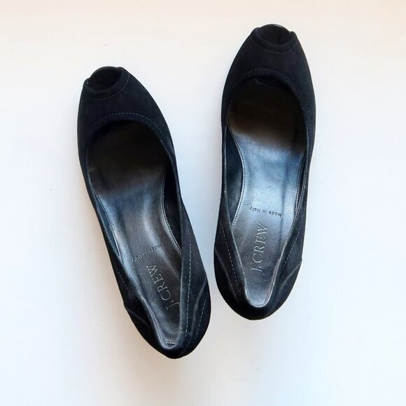 J. Crew Black Suede Leather Peep Toe Wedge Heel Sandals / Dress Shoes Size 8 - Picture 12 of 15